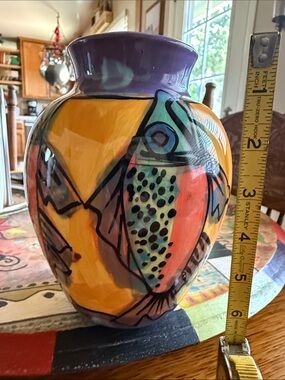 Signed Purple and Orange Hand-Painted Fish Ceramic Vase